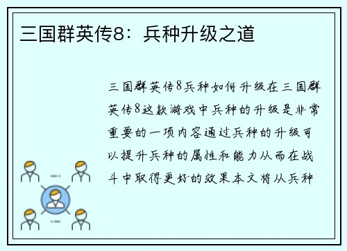 三国群英传8：兵种升级之道